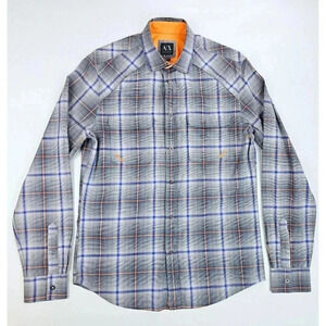 A/X Armani Exchange Size Medium Men's Gray Blue Orange Check Pit Vent L/S Shirt